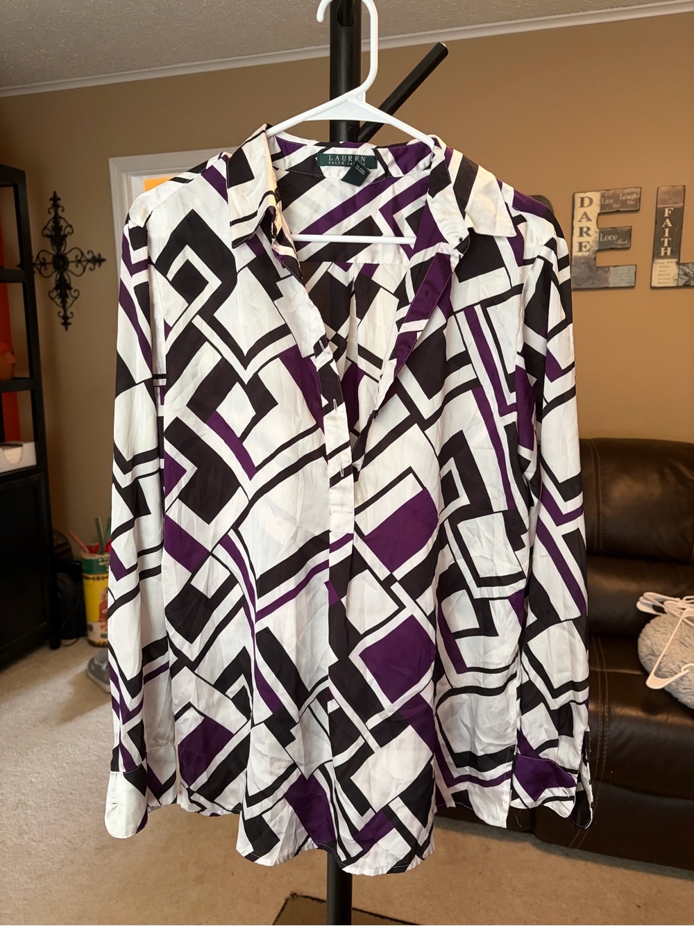 Lauren Ralph Lauren Geometric Print Popover Blouse — Size L